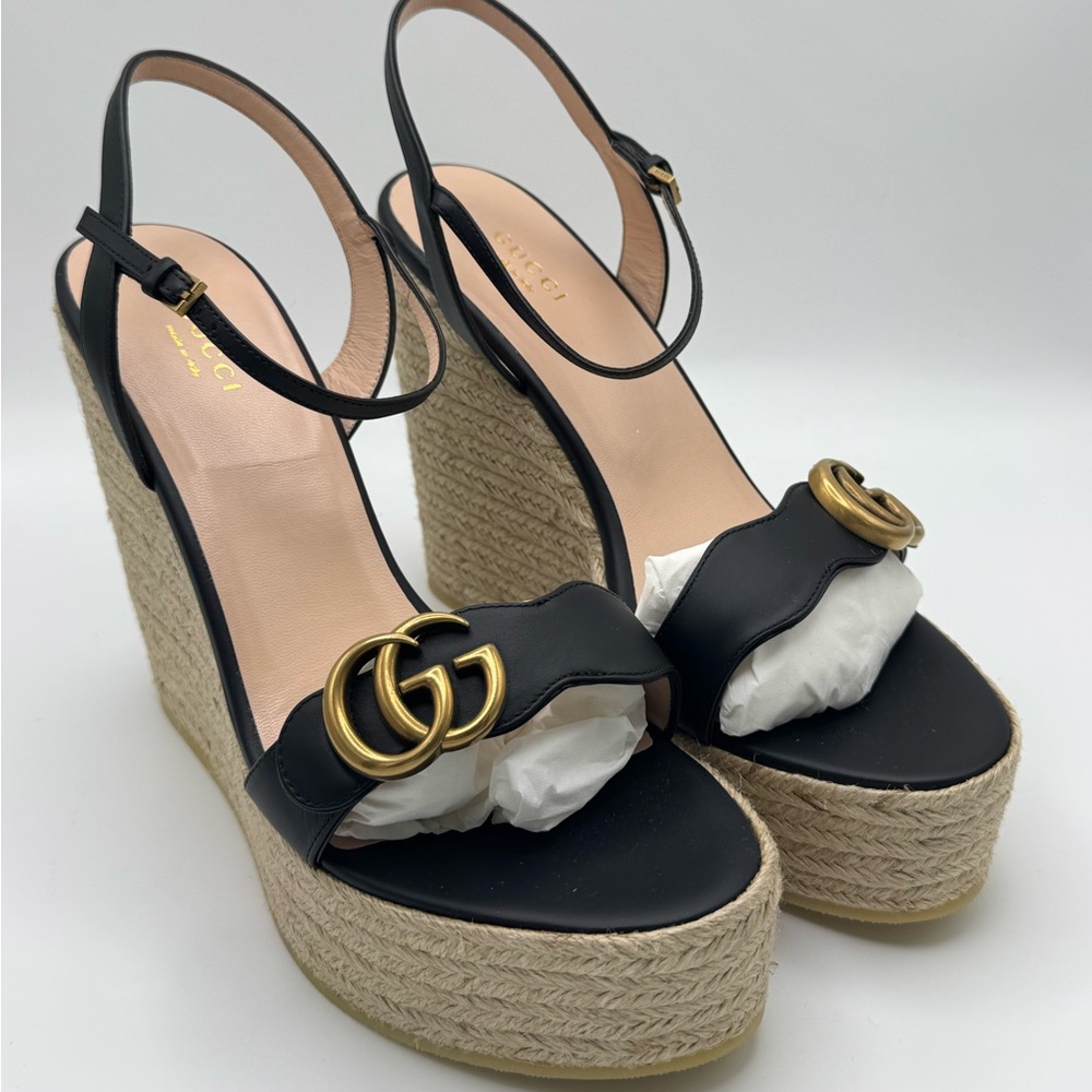 Gucci Black Leather Double G Wedge Espadrille 42